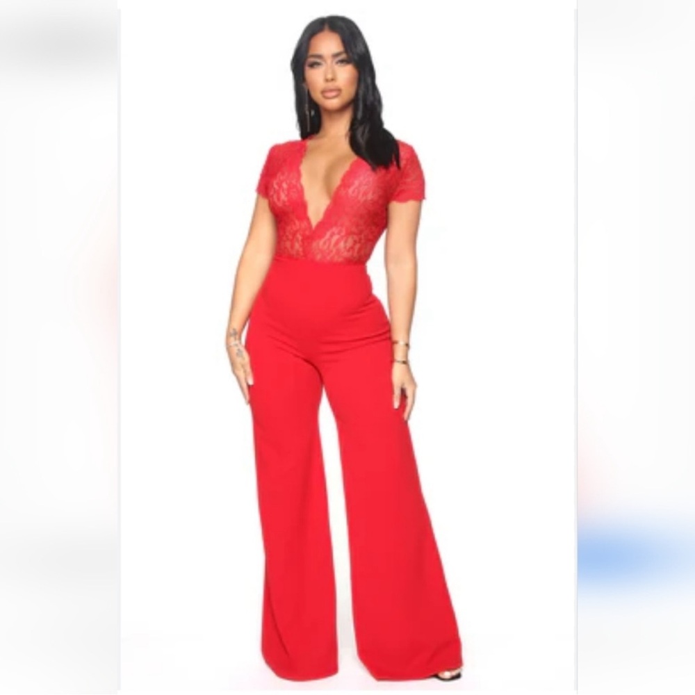 Fashion Nova New Lovely Lace Jumpsuit Red Size M
